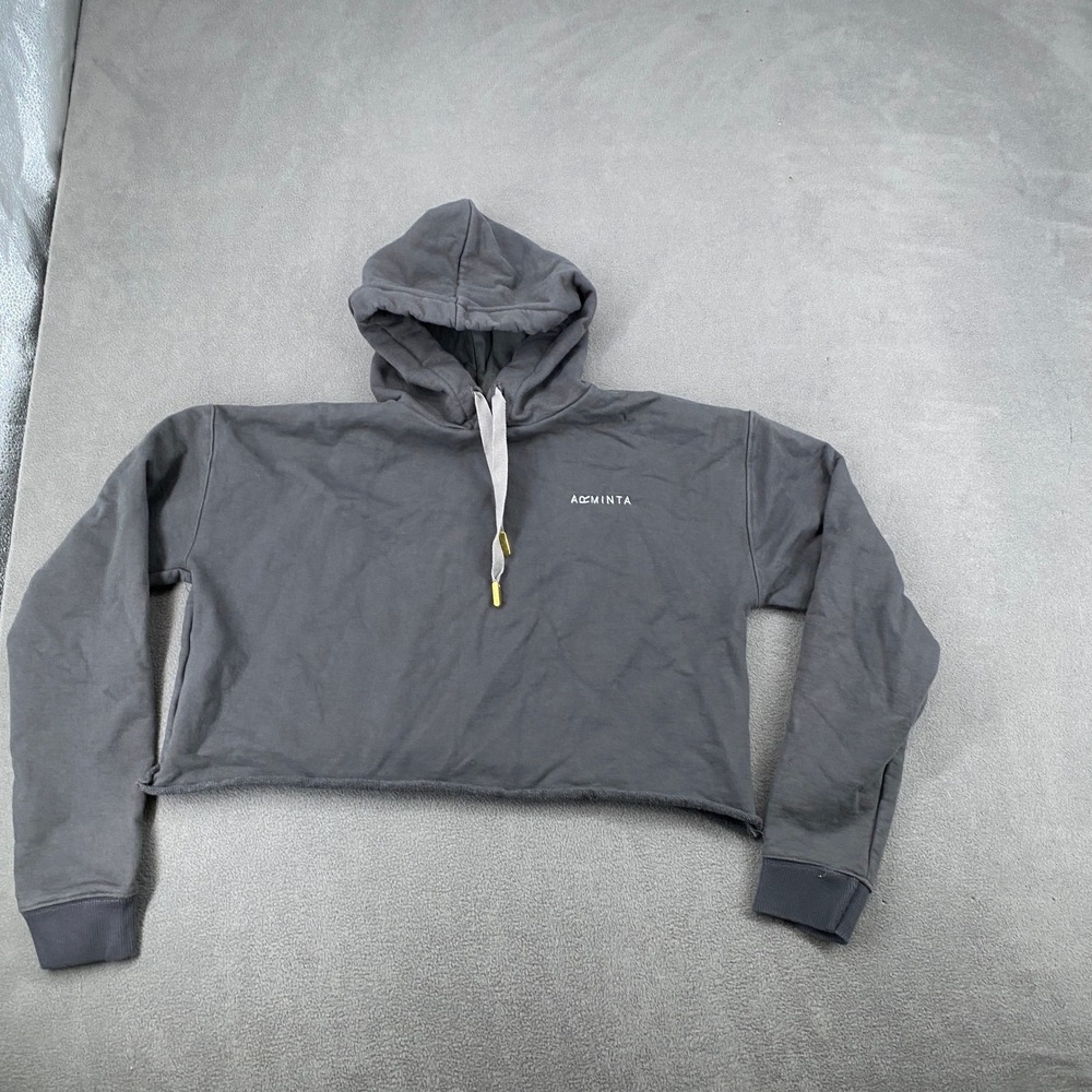 Arminta Womens Cropped Hoodie Charcoal Gray Cotton Raw Hem Sweatshirt Size M